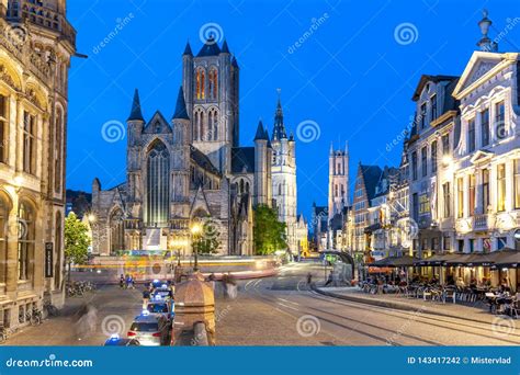 Saint Nicholas Church, Belfort Tower and St. Bavo Cathedral at Night, Gent, Belgium Editorial ...