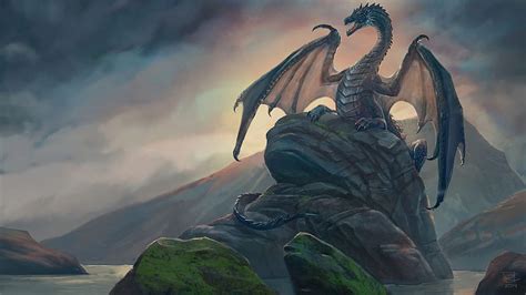 Dragon Sitting On Rock In Sky Background Dragon, HD wallpaper | Peakpx