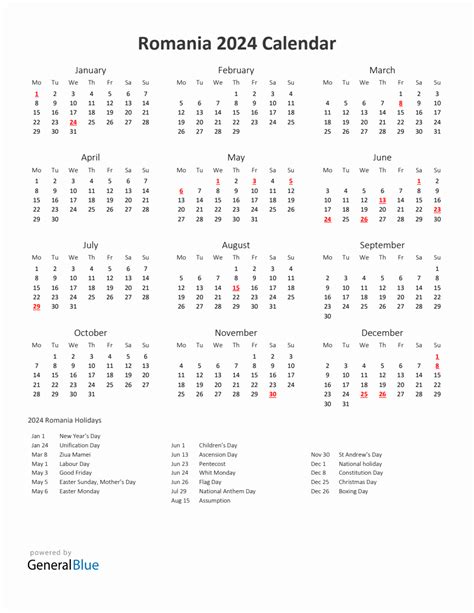 2024 Yearly Calendar Printable With Romania Holidays