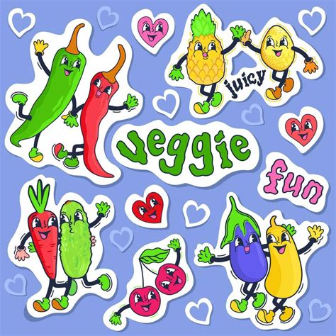 Veggie and fun. Retro vector set of vegetable and fruit stickers with ...