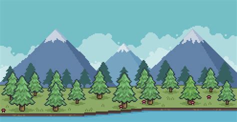 Pixel art landscape of pine forest in the mountains with lake and clouds 8 bit game background ...