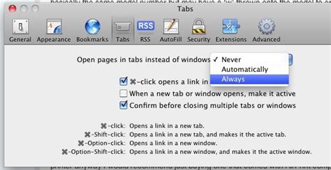 Set Always Open New Windows in Tabs with Safari for Mac OS X