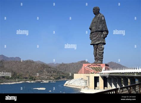 The Statue of Unity, the world's tallest statue at 182m of Vallabhbhai Patel, overlooking ...