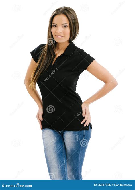 Woman Modelling Blank Black Polo Shirt Stock Image - Image of woman ...