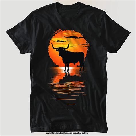 Longhorn Cow Sunset Reflection Silhouette Black TShirt with Orange Sky ...