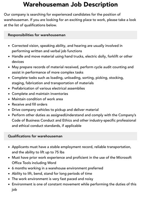 Warehouseman Job Description | Velvet Jobs