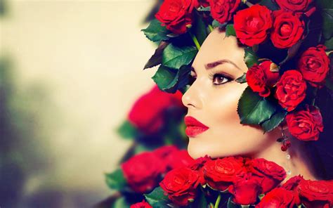 Girl Look Makeup Red Lips Roses #7005938