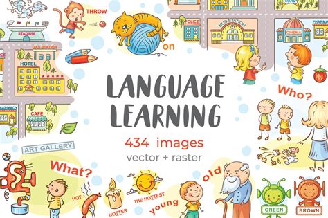 Teaching aid while language learning. School kids clipart set