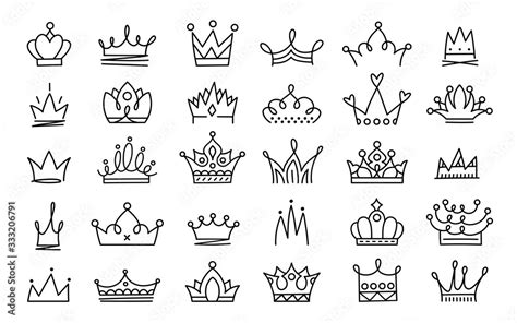 Doodle crowns. Line art king or queen crown sketch, fellow crowned ...