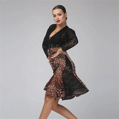 lace dance dress women tango dress female print Splicing salsa rumba costumes leopard latin ...