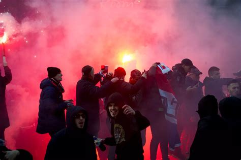 PSG football fans set off fireworks and flares in the city centre ...