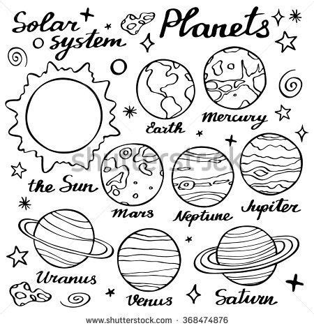 Planets set. Hand-drawn cartoon collection of solar system planets. Doodle drawing. Vector ...