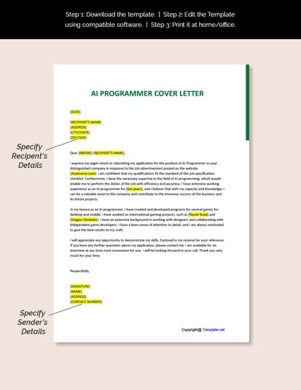 AI Programmer Cover Letter Template [Free PDF] - Word | Apple Pages | Google Docs