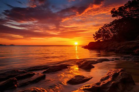 beauty of a golden sunset on a quiet beach, with warm colors reflected ...