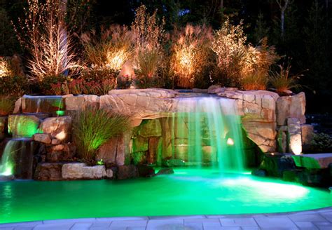 Backyard Swimming Pool Waterfall with Color LED LightingDesign- Bergen ...