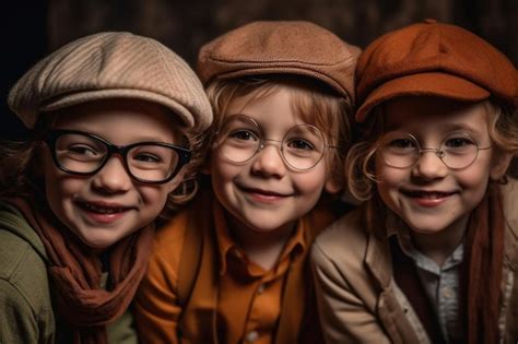 Premium AI Image | Three boys wearing hats and glasses are smiling and looking at the camera