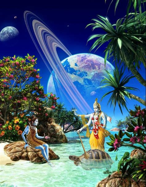 Lord Shiva and Lord Vishnu as Tortoise (Kurma Avatar) during Samudra Manthan in creative art ...