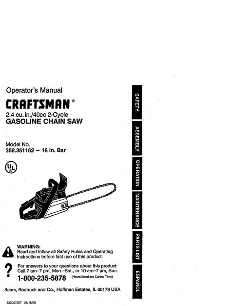 Craftsman 358351162 User Manual CHAINSAW Manuals And Guides L0810422