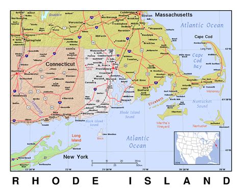 Large map of Rhode Island with relief. Rhode Island large map with relief | Vidiani.com | Maps ...