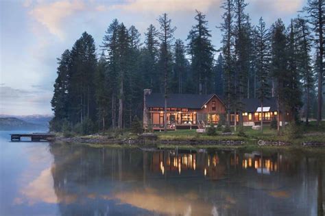 See a stunning lakeside cabin retreat with cozy living spaces in Montana