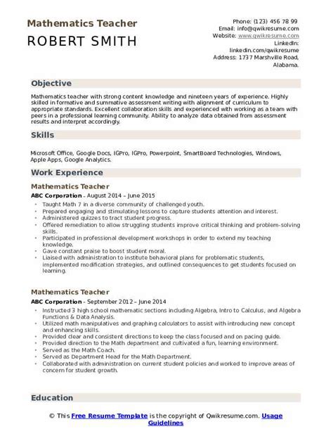 Mathematics Teacher Resume Samples | QwikResume