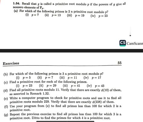 Solved 1.34. Recall that g is called a primitive root modulo | Chegg.com