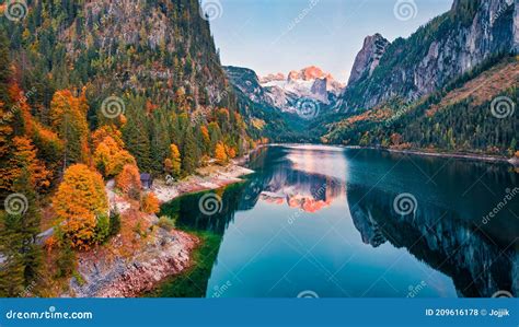 View from Flying Drone. Captivating Autumn View of Gosausee Vorderer ...