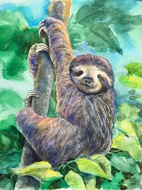 Sloth Watercolor Painting, Sloth Art, Cute Sloth Painting, Colorful, Whimsical Original One of A ...