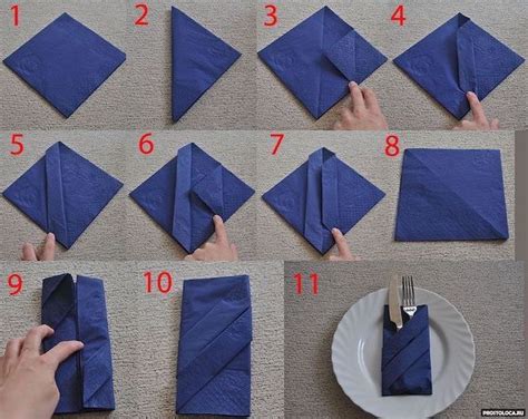 how to fold napkins with rings, blue napkin, silverware inside, white ...