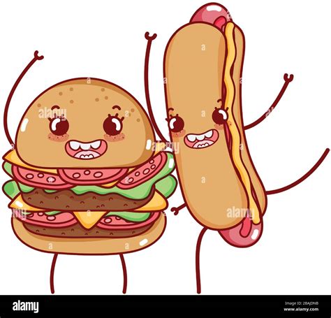 fast food cute tasty burger and hot dog cartoon vector illustration ...