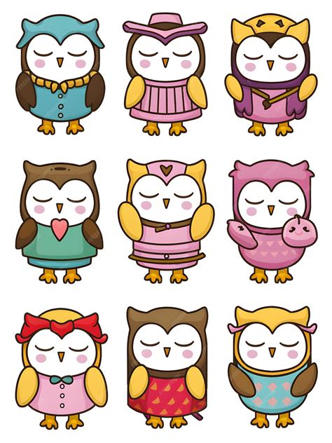 Premium Vector | Set of 9 Kawaii Owl Stickers Clipart Cute Owl Designs