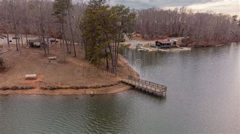 Aerial Shot of Lake Michael and Its Dock in Burlington, North Carolina ...