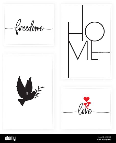 Home, love and freedom, vector. Minimalist poster design set in four pieces. Wall art, artwork ...