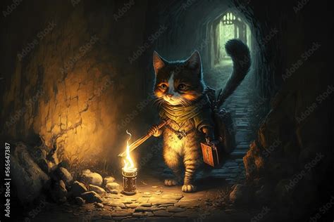 Obraz cat exploring a dungeon in search of dragons using a torch ...