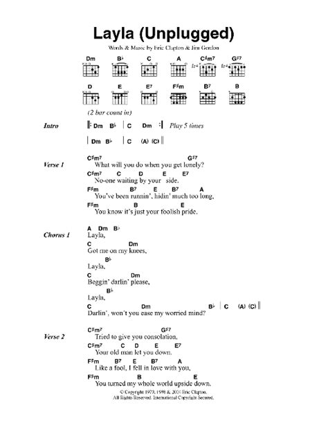 Layla (Unplugged) by Eric Clapton Sheet Music for Guitar Chords/Lyrics at Sheet Music Direct