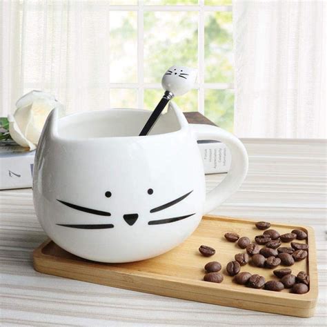 Koolkatkoo Ceramic Cat Coffee Mug with Spoon Set for Girls Cat Lovers