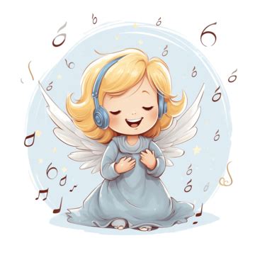 Merry Christmas With Cute Kawaii Hand Drawn Angel Singing Musical, Cute ...