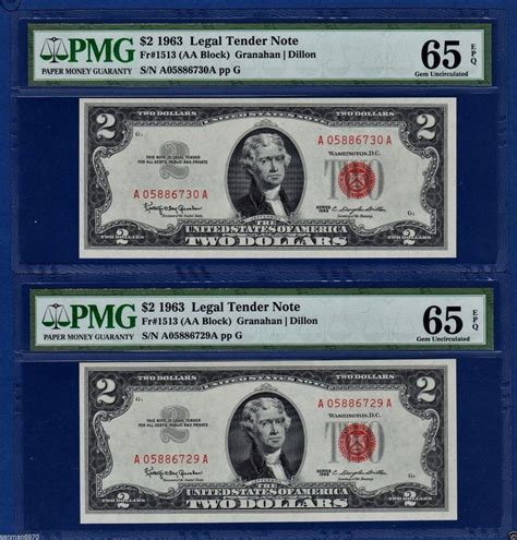 $1963~ $2 DOLLAR BILL RED SEAL (2) SEQUENTIAL PMG GEM UNCIRCULATED NOTE ...