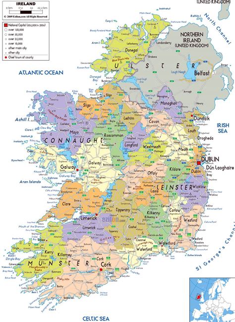 Large political and administrative map of Ireland with roads, cities ...