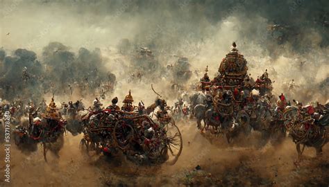 AI generated image depicting the war between the Pandavas and Kauravas, as mentioned in the ...