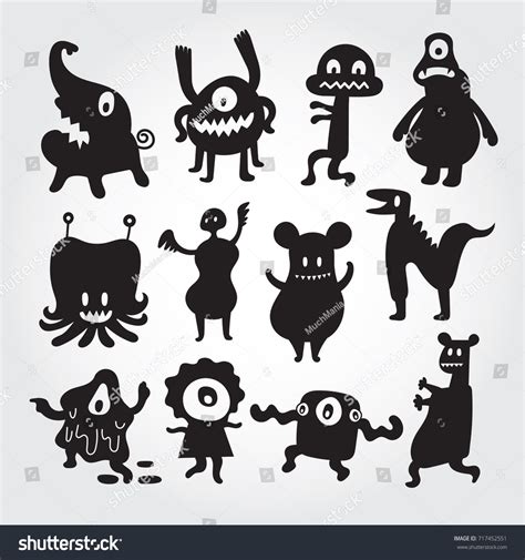 Cute Monsters Cartoon Characters Set Silhouette Stock Vector (Royalty ...