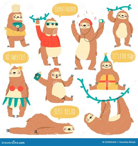 Hanging Sloths. Wild Tropical Animal Characters, Funny Lazy Rainforest Sloths Vector ...