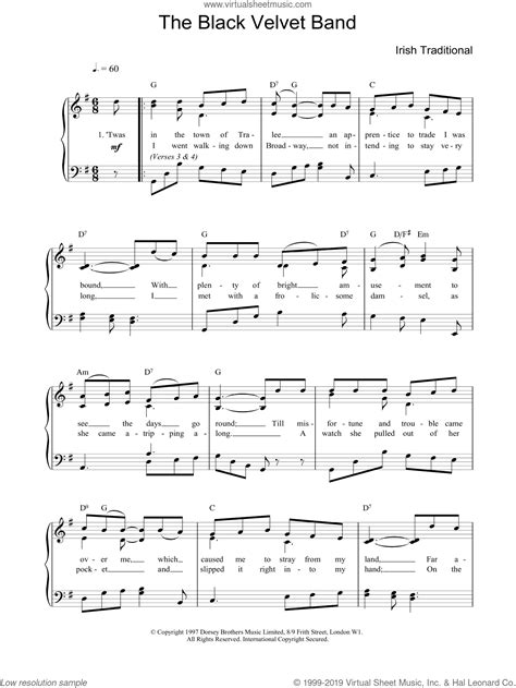 The Black Velvet Band sheet music for piano solo [PDF]