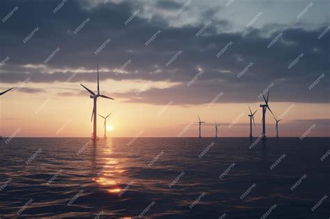 Premium AI Image | A row of wind turbines in the ocean at sunset