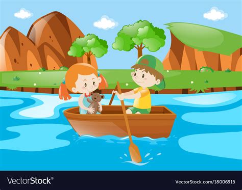 Kids rowing boat in the river Royalty Free Vector Image