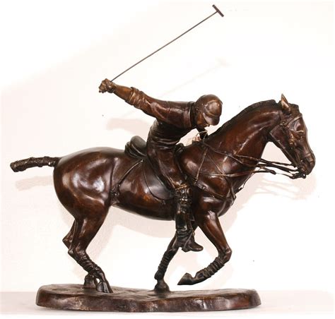 Bronze Polo Player Horse & Jockey Statue Signed