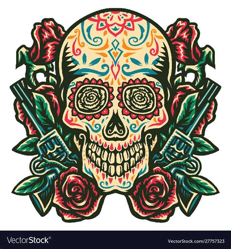 Sugar skull with a gun and a rose Royalty Free Vector Image