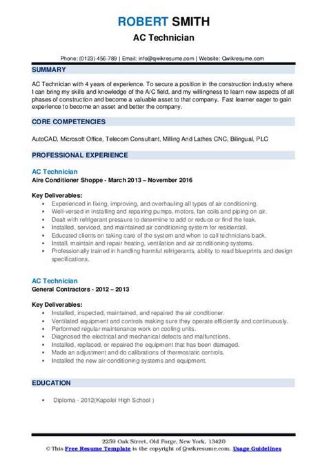 AC Technician Resume Samples | QwikResume