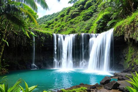 Premium AI Image | a waterfall in the middle of a lush green forest