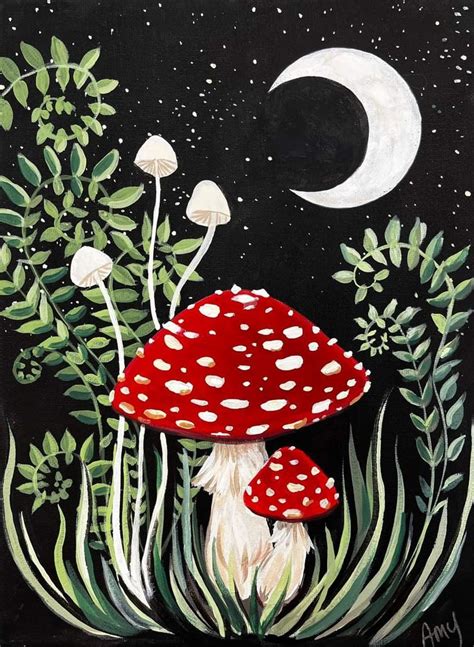 Acrylic Painting: Two Mushrooms in Grass with Half Moon